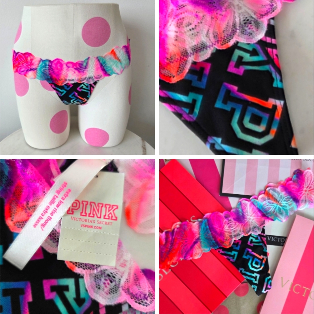 Victoria's Secret PINK Extra Low Rise Thong Panty NWT Neon Floral Watercolor